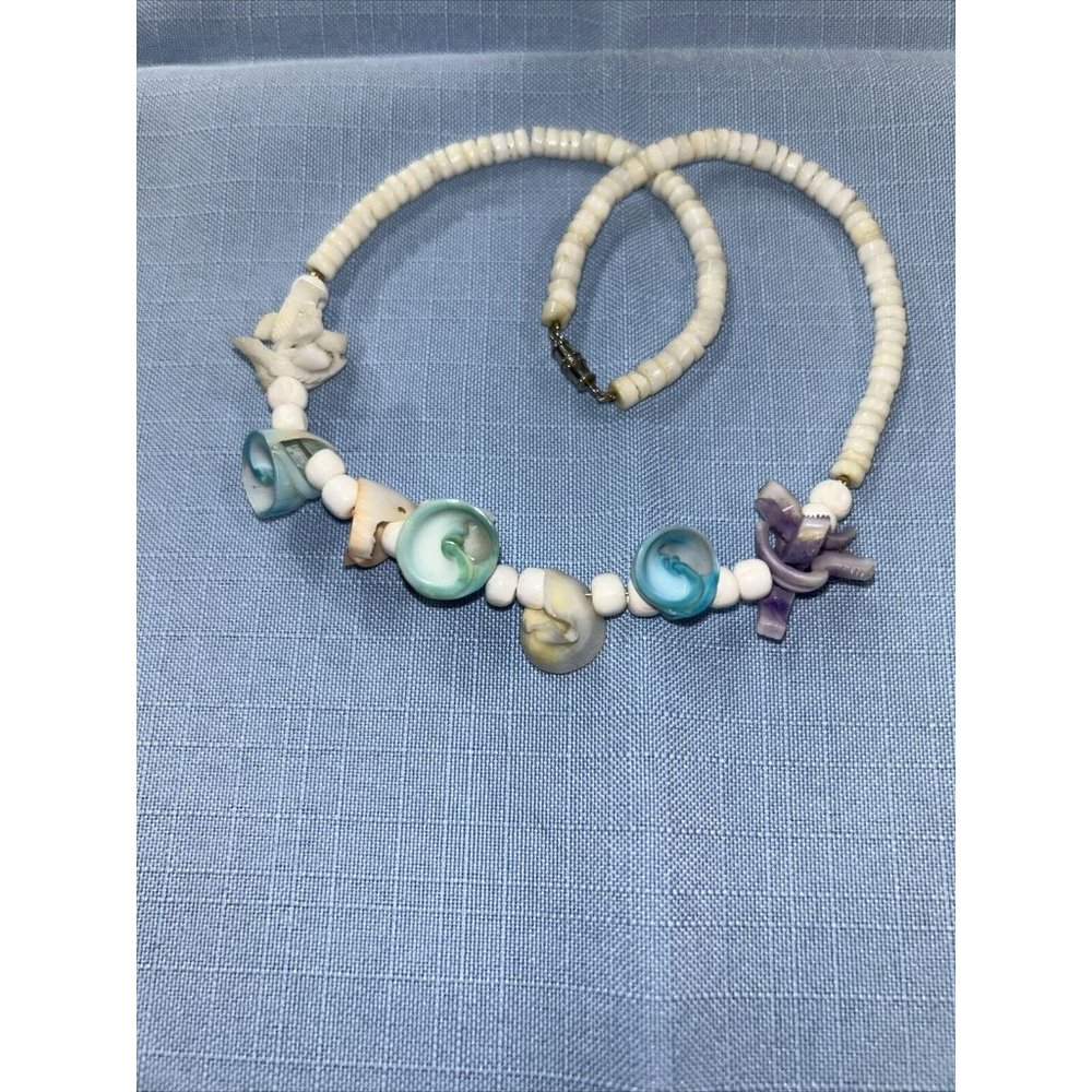 Tropical Hawaiian Puka/Heishi Shell Necklace with Glass Beads Teal Purple Yellow